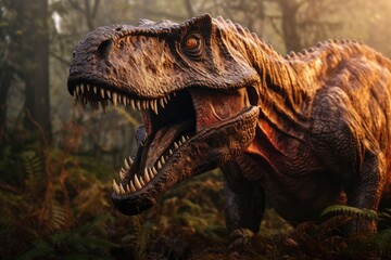 Scary Tyrannosaurus rex Dinosaur roaring in prehistoric plains, Sharp teeth, Generative AI.