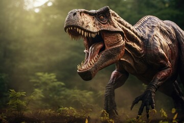 Fierce Tyrannosaurus rex Dinosaur roaring in prehistoric plains, Sharp teeth, Generative AI.
