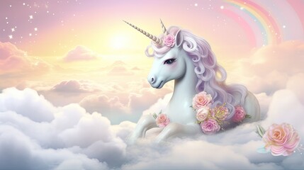 Cute unicorn laying on the soft pastel-colored clouds background, Generative AI.	
	
