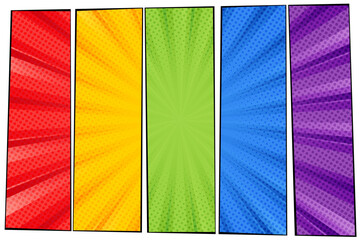 Comic book template. Radial rays background with halftone effect in pop-art style divided with frames on colorful blocks. Page backdrop composition.
