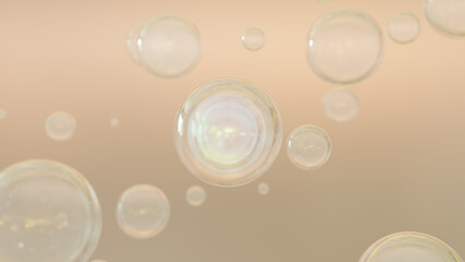 Cosmetic 3D liquid bubbles with a bright background. Bubbles of collagen design. Serum and Cream for Moisture Concept. Vitamin as a concept for beauty and health care. 