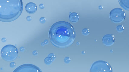 Cosmetic moisturizing liquid drops on blue background. Abstract science background with bubbles on water. cosmetic bubble design magic