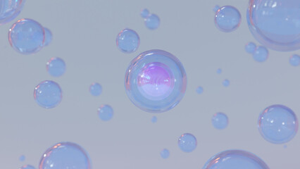 3D abstract rendering with multicolor bubbles. Cosmetics illustration with a 3D bubble form combining foam bubbles, transparent balls, and holographic floating liquid blobs.