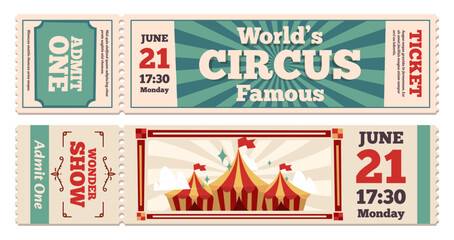 Circus tickets. Retro cartoon circus event invitation with textured paper for cabaret festival, holiday amusement celebration. Vector set. Magic show entrance coupon, entertainment