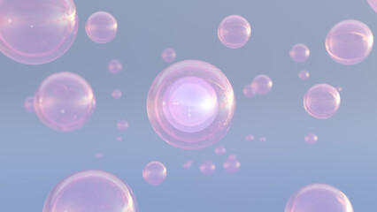 3D rendering of cosmetics Colorful serum bubbles with a blurry background. collagen bubbles' structure. Moisturizing and serum concept elements. the idea of vitamins for health and beauty. 