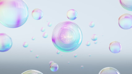 Abstract rendering with multicolor bubbles. Cosmetics illustration with a 3D bubble form combining foam bubbles, transparent balls, and holographic floating liquid blobs. 3d render