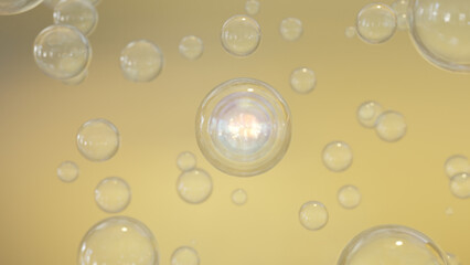 The bubble scene design Background is composed of abstract science with water bubbles. Concept image of a serum for cosmetics. 3D render