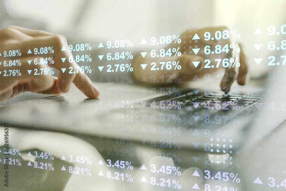 Poster Double exposure of abstract creative statistics data hologram with hands typing on laptop on background, analytics and forecasting concept