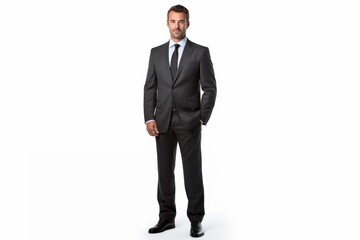 portrait of a businessman person in full height. full body seen. wearing a business suit. handsome brunette man. looking forward. Generative AI - obrazy, fototapety, plakaty