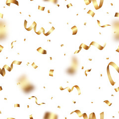 Seamless pattern of shiny gold foil confetti and tinsels on a white background. Suitable for holiday poster, Christmas greeting card, wedding or birthday party invitation