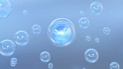 Cosmetics Bubbles of serum on a blurry background. Design of collagen bubbles. The concept for Moisturizing Cream and Serum. Ideas of vitamins for beauty and personal care. 
