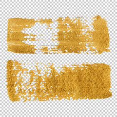 Abstract textured brush stroke of gold paint isolated on transparent background. Realistic illustration of glittering paint smear. Vector backdrop template for banners, greeting cards, invitations.