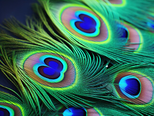 Photo of Close-up of a peacock feather: Close-up photographs of a peacock feather showcase its iridescent colors, intricate patterns, and the way the individual barbs create a stunning display. 
