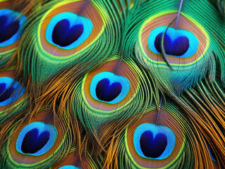 Obraz premium Photo of Close-up of a peacock feather: Close-up photographs of a peacock feather showcase its iridescent colors, intricate patterns, and the way the individual barbs create a stunning display. 