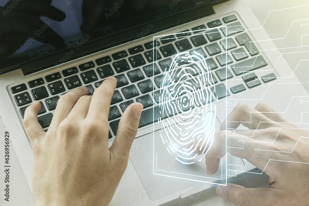Poster double exposure of abstract creative fingerprint hologram with hands typing on laptop on background,