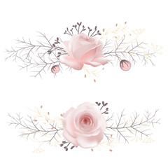 Flowers. Floral background. Bouquets of pink roses. Green leaves. Buds. Beautiful vector illustration. Isolated. Set.