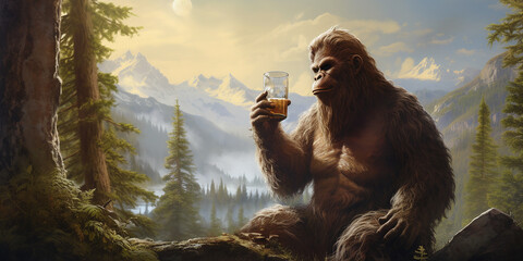 Bigfoot drinking a cold craft beer with scenic view. Generative AI