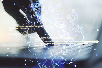 Abstract creative coding illustration with world map and hands typing on laptop on background, international software development concept. Multiexposure