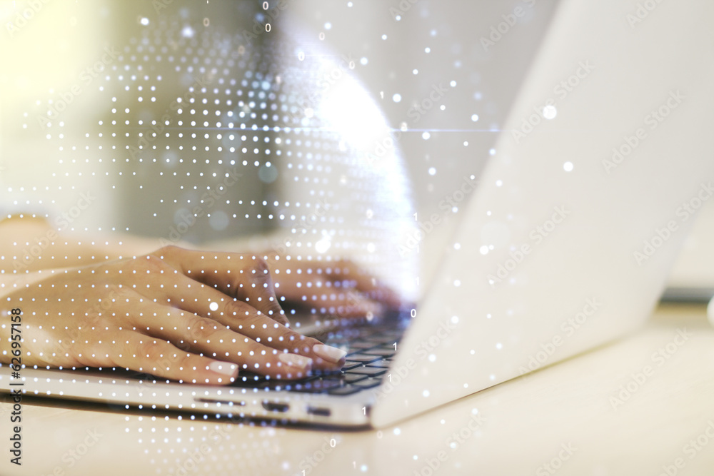 Aufkleber double exposure of abstract digital world map and hand typing on laptop on background, research and 