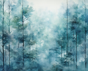 mist in the mountains and forest watercolor