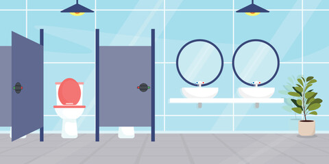 Vector illustration of a sanitary facility in cartoon style. Toilet, lamp, flowerpot and washbasin with mirror. Room for personal hygiene, relaxation and cleanliness of the body.
