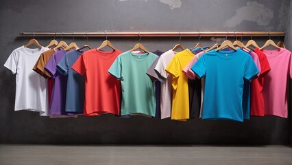 T-Shirts in various Colors, on hangers in fashion shops, AI Generative