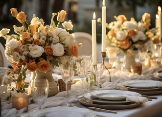 table setting with flowers and candles for a wedding reception - obrazy, fototapety, plakaty