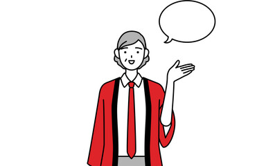 ふきだしつき、案内をする赤い法被を着た販売員のシニア女性