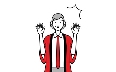 驚いて手を上げる赤い法被を着た販売員のシニア女性