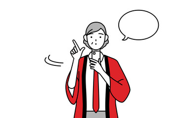 スマホを操作する赤い法被を着た販売員のシニア女性