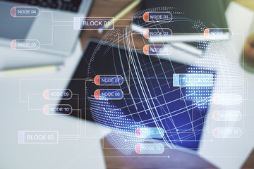 Multi exposure of abstract creative coding sketch with world map and modern digital tablet on background, top view, artificial intelligence and neural networks concept