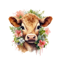 watercolor cow with flowers 