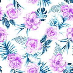 Watercolor flowers pattern, purple tropical elements, blue leaves, white background, seamless