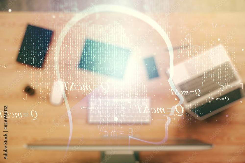 Poster creative artificial intelligence concept with human head sketch on modern computer background. doubl