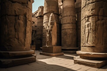 Giant carved statues adorn Karnak temple in Luxor, with hieroglyphs etched on the walls. Generative AI - obrazy, fototapety, plakaty