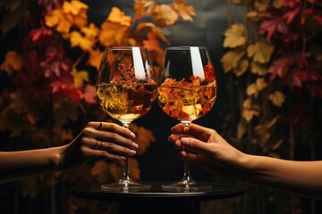 Two glasses of wine on colorful grapes leaves background. Romantic evening. - obrazy, fototapety, plakaty