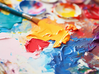 Obraz premium Photo of Close-up of a paint palette: Close-up photographs of a paint palette showcase the vibrant colors, mixing patterns, and the artistic process captured in the paint smears.