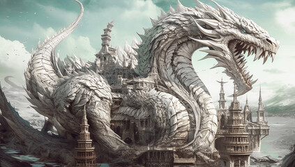Ferocious giant white dragon threatening a city. AI generated