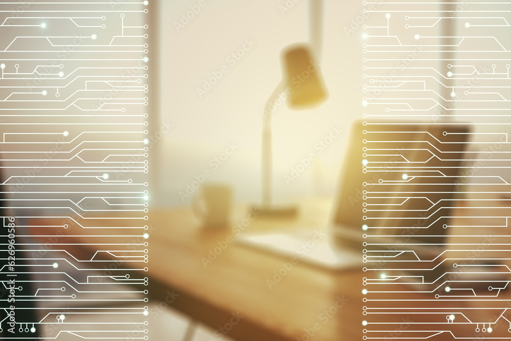 Aufkleber Creative abstract micro chip hologram on modern computer background, artificial intelligence and machine learning concept. Multi exposure