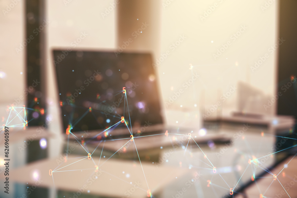 Aufkleber Creative abstract wireless technology hologram on modern computer background, artificial intelligence and machine learning concept. Multi exposure