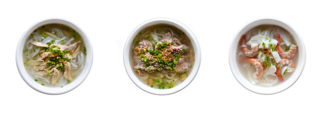 Set or collage of vietnamese traditional soups Pho with chicken, seafood and beef (pho ga, pho bo, pho hai san) - obrazy, fototapety, plakaty