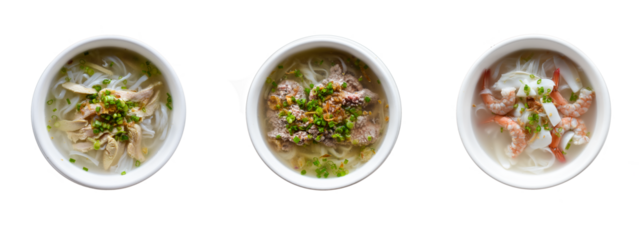 Set or collage of vietnamese traditional soups Pho with chicken, seafood and beef (pho ga, pho bo, pho hai san)