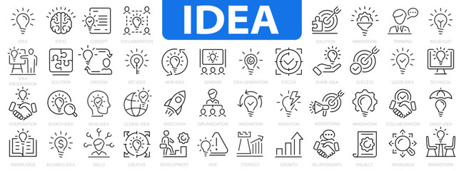 Idea icon set. Creative idea icons. Innovation, solution, brainstorming, solution, thinking, lightbulb and more. Lightbulb set. Vector illustration
