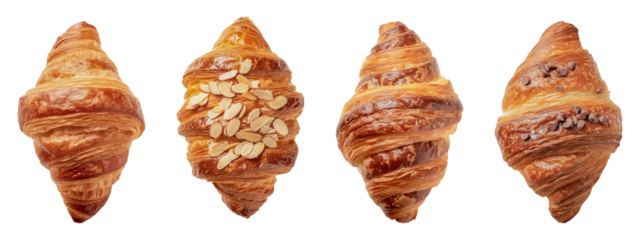 Classic, almond and chocolate croissants on a transparent background