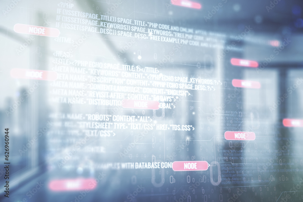 Poster multi exposure of abstract creative coding sketch on empty corporate office background, artificial i