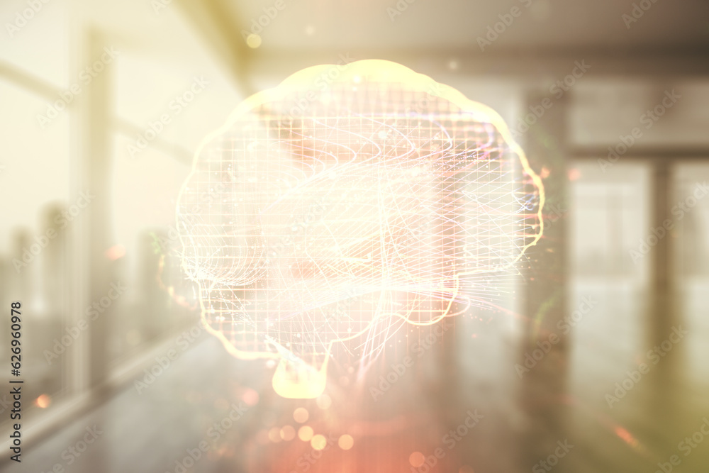 Poster double exposure of creative artificial intelligence interface on empty modern office background. neu