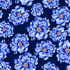 Watercolor flowers pattern, blue tropical elements, navy blue background, seamless
