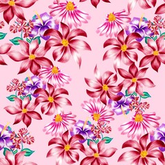Watercolor flowers pattern, red tropical elements, green leaves, pink background, seamless