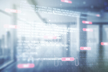 Multi exposure of abstract creative coding sketch on empty corporate office background, artificial intelligence and neural networks concept