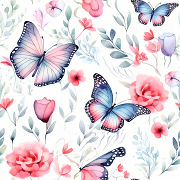 Nature's Artistry: Beautiful Watercolor Illustration of Asian-Inspired Spring and Summer - Butterflies, Flowers, and Elegant Patterns in a Seamless and Colorful Vector Design, Perfect for Decorative B